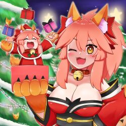 Rule 34 | 2022, 2girls, animal ear fluff, animal ears, animal hands, artist name, bare shoulders, bell, blush, box, breasts, candy, candy cane, capelet, cat paws, christmas, christmas lights, christmas ornaments, christmas tree, closed eyes, collar, collarbone, detached sleeves, fangs, fate/grand order, fate (series), food, fox ears, fox girl, fox tail, fur-trimmed capelet, fur trim, gift, gift box, gloves, hat, highres, japanese clothes, jingle bell, keita naruzawa, kimono, large breasts, merry christmas, mini person, minigirl, multiple girls, neck bell, one eye closed, open mouth, paw gloves, pine tree, pink hair, ponytail, red capelet, red kimono, santa costume, santa hat, tail, tamamo (fate), tamamo cat (fate), tamamo cat (first ascension) (fate), tree