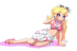 Rule 34 | 1girl, :d, absurdres, bikini, blonde hair, blue eyes, breasts, brooch, cleavage, day, eyewear on head, feet, flower, flower necklace, highres, jewelry, large breasts, lips, looking at viewer, mario (series), moon print, navel, necklace, nin10ja, nintendo, open mouth, pink bikini, princess peach, princess peach (swimwear), sandals, sarong, smile, solo, sunglasses, super mario odyssey, swimsuit