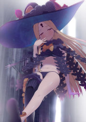 Rule 34 | 1girl, abigail williams (fate), abigail williams (second ascension) (fate), ashino moto, bare shoulders, black bow, black footwear, black headwear, black panties, black thighhighs, blonde hair, bow, breasts, closed mouth, fate/grand order, fate (series), forehead, hat, highres, keyhole, legs, long hair, looking at another, multiple bows, navel, orange bow, panties, parted bangs, red eyes, single thighhigh, small breasts, smile, stuffed animal, stuffed toy, teddy bear, thighhighs, underwear, witch hat