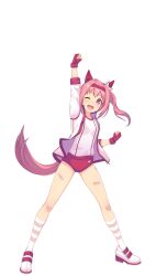 Rule 34 | 1girl, animal ears, arm up, bad link, bandaid, bandaid on leg, bow, breasts, buruma, clenched hands, commentary request, ear bow, ear covers, fingerless gloves, full body, game model, gloves, haru urara (umamusume), headband, high collar, highres, horse ears, horse girl, horse tail, jacket, kneehighs, long hair, long sleeves, looking at viewer, one eye closed, open clothes, open jacket, pink eyes, pink gloves, pink hair, pink headband, ponytail, red gloves, shirt, shoes, small breasts, smile, socks, solo, standing, tachi-e, tail, transparent background, umamusume, white bow, white footwear, white jacket, white shirt
