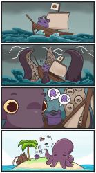 Rule 34 | !, !!, 4koma, :d, = =, absurdres, bloop (gawr gura), boat, comic, cookie, eyepatch, fang, flag, food, hat, highres, hololive, hololive english, houshou marine, island, mpien, ninomae ina&#039;nis, no humans, octopus, open mouth, outdoors, pirate hat, sailing ship, shipwreck, size difference, smile, spoken character, spoken food, takodachi (ninomae ina&#039;nis), tentacles, unworn eyepatch, virtual youtuber, watercraft