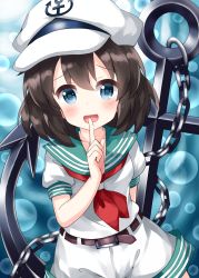 Rule 34 | 1girl, anchor, anchor symbol, belt, black hair, blue background, blue eyes, bubble background, chain, cowboy shot, finger to mouth, hair between eyes, hat, highres, index finger raised, looking at viewer, murasa minamitsu, open mouth, red neckwear, ruu (tksymkw), sailor, sailor collar, sailor hat, shirt, short hair, short sleeves, shorts, solo, standing, touhou, white hat, white shirt, white shorts