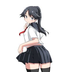 Rule 34 | 1girl, alternate costume, black eyes, black sailor collar, black skirt, black thighhighs, blue hair, closed mouth, cowboy shot, from behind, high ponytail, highres, houshou (kancolle), kantai collection, long hair, looking at viewer, looking back, miniskirt, nanakusa suzuna, neckerchief, pleated skirt, red neckerchief, sailor collar, school uniform, serafuku, simple background, skirt, smile, solo, standing, thighhighs, white background, zettai ryouiki
