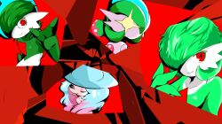Rule 34 | + +, 1boy, 3girls, black sclera, blue hair, blue headwear, bob cut, breaking, closed mouth, collarbone, collared dress, colored eyelashes, colored sclera, colored skin, creatures (company), dress, flat chest, gallade, game freak, gardevoir, gen 3 pokemon, gen 4 pokemon, gen 8 pokemon, green hair, green skin, hair over one eye, hand up, happy, hat, hatterene, iron valiant, kanimiso na double, messy hair, mohawk, multicolored hair, multicolored skin, multiple girls, nintendo, one eye closed, one eye covered, persona, persona 5, pink hair, pokemon, pokemon (creature), red background, red hair, short hair, smile, split mouth, tongue, tongue out, twintails, two-tone hair, two-tone skin, upper body, v-shaped eyebrows, white eyes, white skin, wink, witch hat
