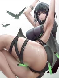 Rule 34 | 1girl, absurdres, arknights, armpits, arms up, ass, between breasts, bird, black eyes, black hair, black pants, black shorts, blunt bangs, boingoo, breasts, chinese commentary, feather hair ornament, female focus, hair intakes, hair ornament, hairclip, hands out of frame, highres, infection monitor (arknights), la pluma (arknights), medium breasts, medium hair, pants, scarf, short shorts, shorts, sideboob, simple background, skindentation, solo, strap, sweat, thick thighs, thigh strap, thighs, white background