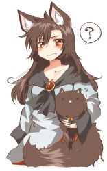Rule 34 | 1girl, :3, ?, animal ears, animalization, bad id, bad twitter id, blush, brown hair, dual persona, fang, highres, imaizumi kagerou, imaizumi kagerou (wolf), long hair, open mouth, rebecca (keinelove), red eyes, simple background, solid circle eyes, spoken question mark, tail, touhou, white background, wolf, wolf ears, wolf tail