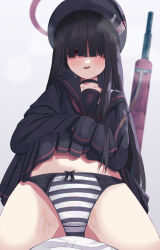 Rule 34 | 1girl, 1other, absurdres, beret, black choker, black hair, black headwear, black sailor collar, black serafuku, blue archive, blush, bonkareohagi, choker, girl on top, gun, hair over eyes, halo, hat, highres, justice task force member (blue archive), long hair, long sleeves, neckerchief, open mouth, paid reward available, panties, red eyes, red halo, red neckerchief, sailor collar, school uniform, serafuku, solo focus, striped clothes, striped panties, underwear, weapon
