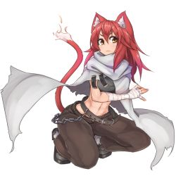 Rule 34 | 1girl, abs, animal ears, bandages, bandaged arm, belt, boots, cape, cat ears, cat tail, chain, full body, long hair, orange eyes, original, red hair, ryota tentei, simple background, solo, tail, white background