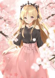 Rule 34 | 1girl, :d, absurdres, alternate costume, bare shoulders, black bow, black shirt, blonde hair, blush, bow, branch, cherry blossoms, clothing cutout, collarbone, commentary request, earrings, ereshkigal (fate), fate/grand order, fate (series), hair between eyes, hair bow, highres, huge filesize, infinity symbol, jewelry, long hair, looking at viewer, necklace, open mouth, pink skirt, pleated skirt, polka dot, polka dot shirt, red eyes, shirt, short sleeves, shoulder cutout, skirt, skirt hold, skull, smile, solo, striped, striped bow, two side up, uzuki tsukuyo, very long hair