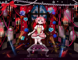 Rule 34 | 10s, 1girl, bad id, bad pixiv id, blue flower, blue rose, bubble skirt, candle, chair, choker, copyright name, decorations, flower, gloves, glowing, gun, kaname madoka, kneehighs, kyubey, lace, madoka runes, magical girl, mahou shoujo madoka magica, mahou shoujo madoka magica (anime), pink eyes, pink hair, puffy sleeves, rentama, ribbon, rifle, rose, short hair, short twintails, sitting, skirt, socks, solo, sword, table, transparent, twintails, weapon, white gloves, white socks, window, witch&#039;s labyrinth