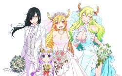 Rule 34 | 10s, 1boy, 3girls, :&gt;, aqua dress, bare shoulders, black hair, blonde hair, blue eyes, blue hair, blunt bangs, blush, bouquet, braid, breasts, breasts squeezed together, bride, cleavage, closed eyes, dragon girl, dragon horns, dress, fafnir (maidragon), fang, flower, formal, frilled dress, frills, frown, fukai (yas lions), glasses, gloves, gradient hair, green hair, groom, hair flower, hair ornament, hair ribbon, hand on own chest, horns, jewelry, kanna kamui, kobayashi-san chi no maidragon, large breasts, light purple hair, lily (flower), long hair, long sleeves, looking at viewer, low twintails, lucoa (maidragon), multicolored hair, multiple girls, necklace, necktie, open mouth, pearl necklace, pince-nez, pink dress, red eyes, ribbon, rose, signature, simple background, slit pupils, smile, suit, tohru (maidragon), twin braids, twintails, veil, vest, wallpaper, wedding dress, white background, white neckwear, white ribbon, white suit, white vest