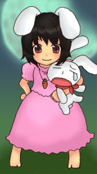 Rule 34 | 00s, 1girl, animal, animal ears, barefoot, black hair, carrot necklace, crossover, full body, full moon, holding, inaba tewi, jewelry, legs apart, looking at viewer, mesousa, moon, necklace, pani poni dash!, puffy short sleeves, puffy sleeves, rabbit, rabbit ears, red eyes, short sleeves, solo, standing, toto (hitori othello), touhou