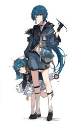 Rule 34 | 1boy, 1girl, blue hair, blue shorts, blush, child, dress, fashion, frilled dress, frills, full body, genshin impact, gloves, hand on another&#039;s head, highres, long sleeves, looking at viewer, peeking out, shorts, smile, standing, wide sleeves, xingqiu (genshin impact), yajuu, yellow eyes