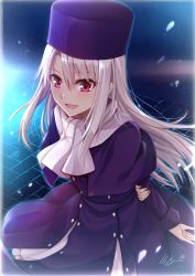 Rule 34 | 1girl, absurdres, arm behind back, blush, commentary request, fate/stay night, fate (series), fur hat, grey hair, gu li, hair between eyes, hat, heaven&#039;s feel, highres, illyasviel von einzbern, jacket, long hair, long jacket, looking at viewer, open mouth, papakha, purple hat, purple jacket, red eyes, scarf, signature, smile, solo, white scarf