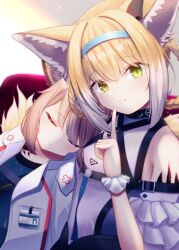 Rule 34 | 2girls, animal ear fluff, animal ears, arknights, bare shoulders, blonde hair, braid, braided hair rings, closed eyes, clothing cutout, coat, colored tips, commentary, commission, finger to mouth, fox ears, fox girl, fox tail, green eyes, hair between eyes, hair rings, highres, infection monitor (arknights), kitsune, kyuubi, lab coat, looking at viewer, material growth, multicolored hair, multiple girls, multiple tails, obustat, oripathy lesion (arknights), parted lips, pink hair, short hair, short sleeves, shoulder cutout, shushing, skeb commission, sussurro (arknights), suzuran (arknights), tail, twin braids, white coat, white hair, wrist cuffs
