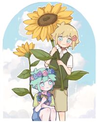 Rule 34 | 2boys, basil (faraway) (omori), basil (headspace) (omori), basil (omori), blonde hair, blue eyes, blue overalls, blush, brown shorts, closed mouth, collared shirt, flower, green eyes, green hair, green shirt, green sweater vest, hair flower, hair ornament, head wreath, highres, holding, holding flower, looking at another, mugi062, multiple boys, omori, overall shorts, overalls, shirt, short hair, shorts, smile, sunflower, sweater vest, white shirt