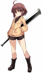 Rule 34 | 1girl, ahoge, bike shorts, boots, breasts, brown eyes, brown footwear, brown hair, brown jacket, brown shirt, brown shorts, cameltoe, commentary request, covered collarbone, drawstring, full body, hair between eyes, hand in pocket, highres, holding, holding sword, holding weapon, hood, hood down, hooded jacket, jacket, karukan (monjya), linne, long sleeves, looking at viewer, parted lips, shirt, short shorts, shorts, simple background, small breasts, solo, standing, sword, under night in-birth, weapon, white background
