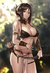 Rule 34 | 1girl, armlet, arrow (projectile), bikini, black hair, blurry, blurry background, bow (weapon), bracer, breasts, choker, cleavage, cowboy shot, earrings, elf, hair ribbon, hair strand, holding, holding weapon, hoop earrings, houtengeki, jewelry, large breasts, loincloth, looking at viewer, navel, original, outdoors, pelvic curtain, pointy ears, purple eyes, quiver, ribbon, smile, solo, swimsuit, tattoo, tress ribbon, weapon