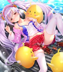 Rule 34 | 1girl, animal, animal ears, azur lane, bare shoulders, bird, blush, bottle, breasts, camisole, chick, closed mouth, collarbone, commentary request, crab, day, feet out of frame, hair ornament, hairband, hands up, highres, inflatable raft, jacket, knee up, laffey (azur lane), long hair, long sleeves, looking at viewer, lying, manjuu (azur lane), midriff, navel, off shoulder, on back, open clothes, open jacket, outdoors, panties, pink jacket, rabbit ears, red eyes, red hairband, silver hair, skirt, small breasts, solo, striped clothes, striped panties, swordsouls, thighhighs, twintails, underwear, very long hair, water, wet, wet clothes, wet skirt, white camisole, white thighhighs