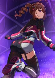 Rule 34 | 1girl, :o, ahoge, ass, asymmetrical legwear, audience, black thighhighs, brown hair, commentary request, concert, crowd, drill hair, drill ponytail, garter straps, gloves, glowstick, hair ornament, highres, idol, idol clothes, idolmaster, idolmaster million live!, idolmaster million live! theater days, kamille (vcx68), leg up, long hair, long sleeves, looking at viewer, looking back, mismatched legwear, open mouth, parted lips, penlight (glowstick), purple eyes, shoes, side drill, side ponytail, sidelocks, single thighhigh, skindentation, smile, solo, stage, standing, standing on one leg, star (symbol), star hair ornament, star print, thigh strap, thighhighs, thighs, uneven legwear, upper body, yokoyama nao