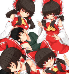 Rule 34 | 1boy, 1girl, ascot, bare shoulders, black hair, blush, bow, breasts, closed eyes, collarbone, commentary request, daichi (tokoya), detached sleeves, ear cleaning, frilled bow, frilled shirt collar, frills, green kimono, hair between eyes, hair bow, hair tubes, hakurei reimu, hands up, highres, japanese clothes, kimono, lap pillow, large breasts, long hair, long sleeves, looking at viewer, midriff peek, mimikaki, multiple views, parted lips, red bow, red eyes, red skirt, sideboob, sidelocks, simple background, sitting, skirt, skirt set, sweat, touhou, white background, wide sleeves, yellow ascot