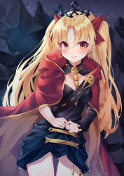 Rule 34 | 1girl, asymmetrical sleeves, between breasts, black leotard, blonde hair, blush, bow, breasts, cape, closed mouth, detached collar, earrings, ereshkigal (fate), fate/grand order, fate (series), gold trim, hair bow, highres, hoop earrings, infinity symbol, jewelry, leotard, long hair, long sleeves, looking at viewer, medium breasts, minin982, multicolored cape, multicolored clothes, necklace, parted bangs, red bow, red cape, red eyes, single sleeve, skull, solo, spine, thighs, tiara, two side up, uneven sleeves, yellow cape