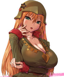 Rule 34 | 1girl, amania orz, breasts, cleavage, copyright request, dated, green eyes, hair between eyes, hand up, helmet, highres, large breasts, long hair, long sleeves, open mouth, orange hair, simple background, solo, star (symbol), twitter username, upper body, white background
