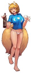 Rule 34 | 1girl, :d, adapted costume, animal ear fluff, animal ears, bad id, bad tumblr id, bare arms, bare legs, barefoot, blonde hair, blue shirt, blush, bottle, breasts, chanta (ayatakaoisii), cup, drinking glass, fang, fox ears, fox tail, full body, groin, hands up, highres, holding, holding bottle, holding cup, holding drinking glass, large breasts, looking at viewer, multiple tails, no pants, nose blush, open mouth, orange eyes, panties, pinky out, shirt, short hair, short sleeves, simple background, slit pupils, smile, solo, tail, toes, touhou, underwear, walking, white background, white panties, yakumo ran