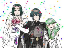 Rule 34 | 1girl, 2boys, alternate costume, bouquet, byleth (fire emblem), byleth (male) (fire emblem), closed eyes, closed mouth, confetti, crossdressing, dress, drill hair, elbow gloves, facial hair, family, father and daughter, fire emblem, fire emblem: three houses, flayn (fire emblem), flower, gloves, green hair, hair ornament, holding, holding bouquet, long hair, looking at viewer, matching hair/eyes, multiple boys, nintendo, rodgemin, seteth (fire emblem), short hair, simple background, stubble, veil, wedding dress, white background, white dress, wide sleeves