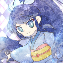 Rule 34 | 1girl, aqua eyes, argyle, argyle background, argyle clothes, arm up, blue hair, blue kimono, bright pupils, closed mouth, crystal, dutch angle, female focus, flat chest, fubukihime, hair ornament, happy, japanese clothes, kimono, long hair, long sleeves, looking at viewer, obi, outstretched arm, ponytail, ronen, sash, sidelocks, smile, solo, swept bangs, upper body, very long hair, white pupils, wide sleeves, youkai watch