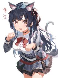 Rule 34 | 1girl, anger vein, animal ear fluff, animal ears, black hair, bow, breasts, brown eyes, cat ears, cat girl, cat tail, collared shirt, commentary request, grey jacket, grey skirt, hair ornament, hairclip, highres, idolmaster, idolmaster shiny colors, jacket, juliet sleeves, kemonomimi mode, long hair, long sleeves, looking at viewer, mayuzumi fuyuko, medium breasts, omelet tomato, paw pose, puffy sleeves, red bow, shirt, skirt, solo, striped clothes, striped jacket, striped skirt, tail, v-shaped eyebrows, vertical-striped clothes, vertical-striped jacket, vertical-striped skirt, very long hair, white shirt