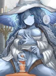 Rule 34 | 1girl, absurdres, after ejaculation, bar censor, blue eyes, blue skin, breasts, candle, censored, cloak, colored skin, convenient censoring, cracked skin, cum, elden ring, extra arms, extra faces, fur cloak, girl on top, handjob, hat, heart, highres, large hat, leogust, medium breasts, mosaic censoring, no nipples, no panties, one eye closed, penis, ranni the witch, smile, underboob, witch hat