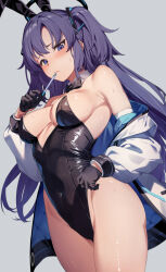 Rule 34 | 1girl, alternate costume, amagimei, animal ears, bare shoulders, black bow, black bowtie, black gloves, black leotard, blue archive, blue eyes, blue hair, blush, bow, bowtie, breasts, closed mouth, covered navel, detached collar, fake animal ears, gloves, grey background, halo, highleg, highleg leotard, highres, holding, jacket, large breasts, leotard, long hair, long sleeves, off shoulder, open clothes, open jacket, playboy bunny, rabbit ears, simple background, solo, thighs, two side up, white jacket, yuuka (blue archive)
