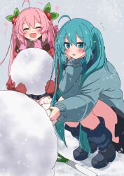 Rule 34 | 2girls, ahoge, blue eyes, blue hair, blush, cherry hair ornament, closed mouth, food-themed hair ornament, hair ornament, hatsune miku, highres, holding, holding snowball, long hair, long sleeves, loose socks, mittens, multiple girls, open mouth, outdoors, oyu (umyu13137), pink hair, sakura miku, scarf, skirt, smile, snow, snowball, snowing, snowman, socks, spring onion, squatting, striped clothes, striped scarf, sweater, twintails, very long hair, vocaloid