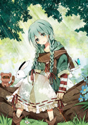 Rule 34 | 1girl, alternate hairstyle, bad id, bad pixiv id, boots, braid, brown footwear, brown scarf, bug, rabbit, butterfly, dress, flower, fuuko (2679566944), green eyes, green hair, hair over shoulder, hatsune miku, insect, light rays, log, long hair, matching hair/eyes, nature, raccoon, ribbon-trimmed clothes, ribbon trim, scarf, sitting, solo, striped, sunbeam, sunlight, twin braids, twintails, vocaloid