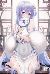 Rule 34 | 1girl, azur lane, bare shoulders, breasts, china dress, chinese clothes, clothing cutout, covered navel, covering own mouth, cutout above navel, dress, feather boa, garter straps, hair between eyes, hand fan, highres, holding, holding fan, lace, lace-trimmed legwear, lace trim, large breasts, light purple hair, long hair, looking at viewer, official alternate costume, pelvic curtain, purple eyes, rodney (azur lane), rodney (immaculate beauty) (azur lane), ruwo, sitting, sleeveless, sleeveless dress, solo, thighhighs, underboob, underboob cutout, very long hair, white garter straps, white thighhighs