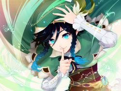 Rule 34 | 1boy, androgynous, beret, black hair, blue hair, bow, braid, brooch, cape, collared cape, collared shirt, commentary request, corset, dandelion seed, feathers, finger to mouth, flower, frilled sleeves, frills, gem, genshin impact, gradient hair, green cape, green eyes, green hat, hand on headwear, hat, hat flower, highres, jewelry, leaf, light particles, long sleeves, looking at viewer, male focus, multicolored hair, onigiri u, parted lips, shirt, short hair with long locks, shushing, side braids, sidelocks, smile, solo, twin braids, venti (genshin impact), vision (genshin impact), white flower, white shirt