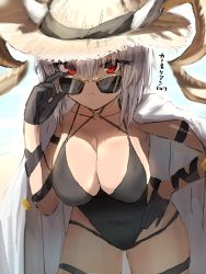 Rule 34 | 1girl, absurdres, alternate costume, arknights, black gloves, black one-piece swimsuit, breasts, carnelian (arknights), cleavage, closed mouth, collarbone, dark-skinned female, dark skin, gloves, goat girl, goat horns, hand on own hip, hat, highres, horn/wood, horns, large breasts, looking at viewer, one-piece swimsuit, red eyes, short hair, solo, straw hat, sun hat, sunglasses, swimsuit, white hair