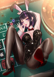 Rule 34 | 1girl, absurdres, animal ears, black footwear, black hair, bow, bowtie, breasts, detached collar, earrings, fellatio gesture, fishnet pantyhose, fishnets, from above, high heels, highres, jewelry, latex, latex leotard, leotard, looking at viewer, lying, medium breasts, multicolored hair, on back, on table, original, pantyhose, playboy bunny, poker chip, purple eyes, purple hair, rabbit ears, red bow, red bowtie, roulette table, shiny clothes, short hair, solo, strapless, strapless leotard, streaked hair, table, tai (2vs), tongue, tongue out, traditional bowtie, wrist cuffs