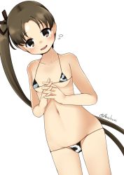 Rule 34 | 1girl, animal print, ayanami (kancolle), bikini, breasts, brown eyes, brown hair, cameltoe, commentary request, cow print, dutch angle, own hands clasped, highres, kantai collection, long hair, looking at viewer, lowleg, lowleg bikini, micro bikini, nassukun, navel, one-hour drawing challenge, own hands together, side ponytail, simple background, small breasts, solo, standing, swimsuit, twitter username, white background, white bikini