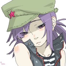 Rule 34 | 1girl, blush, eyeshadow, frown, gorillaz, hat, looking at viewer, lowres, makeup, noodle (gorillaz), oekaki, purple eyes, purple hair, red star, sad, shirt, short hair, simple background, solo, star (symbol), striped clothes, striped shirt, tank top