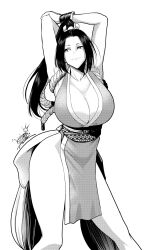 Rule 34 | 1girl, arms up, artist name, breasts, cleavage, collarbone, fatal fury, greyscale, high ponytail, highres, huge breasts, koasobiday, large breasts, monochrome, pelvic curtain, ponytail, revealing clothes, shiranui mai, smile, solo, the king of fighters, thighs, white background