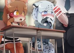 Rule 34 | 2girls, :o, animal ear fluff, animal ears, belt, biting, blue eyes, blush, brown fur, censored, classroom, covering crotch, covering privates, dagashi (daga2626), day, dress, erection, fang, fangs, fangs out, furry, furry female, grey hoodie, hair ornament, hands between legs, highres, hood, hoodie, implied masturbation, indoors, knees together feet apart, large penis, long sleeves, multicolored fur, multiple girls, necktie, nose blush, open fly, original, paw print, penis, penis awe, penis out, precum, short shorts, shorts, sitting, standing, striped clothes, striped dress, sweatdrop, tail, tail biting, tail in mouth, tearing up, trembling, v arms, veins, veiny penis, white fur, white hair, yellow eyes, yuki-chan (dagashi)