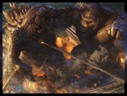 Rule 34 | aircraft, aircraft carrier, airplane, ape, battleship, boat, claws, crossover, day, destruction, dinosaur, dusk, embers, explosion, fangs, fighter jet, fighting, fire, giant, giant monster, gills, godzilla, godzilla (series), godzilla vs. kong, gorilla, grabbing, highres, jaroslav kosmina, jet, kaijuu, king kong, king kong (series), legendary pictures, military, military vehicle, missile, monster, monsterverse, muscular, muscular male, ocean, open mouth, pectorals, roaring, scar, scar on chest, sea monster, sharp teeth, ship, smoke, spikes, tail, teeth, toho, tongue, tongue out, united states navy, warship, water, watercraft, waves, yellow eyes
