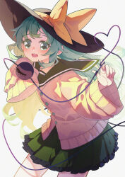 Rule 34 | 1girl, absurdres, adapted costume, alternate hair length, alternate hairstyle, black hat, bow, buttons, cardigan, chinese commentary, commentary request, cowboy shot, diamond button, frilled skirt, frills, green eyes, green hair, green skirt, hands up, hat, hat bow, heart, heart of string, highres, jiege, komeiji koishi, long hair, long sleeves, looking at viewer, miniskirt, open mouth, pleated skirt, skirt, sleeves past fingers, sleeves past wrists, smile, solo, third eye, touhou, very long hair, wide sleeves, yellow bow, yellow cardigan