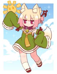 Rule 34 | 1girl, animal ears, bare shoulders, bell, blonde hair, blue sky, brown collar, closed mouth, cloud, collar, commentary request, day, detached sleeves, dress, fox ears, fox girl, fox tail, full body, green dress, green sleeves, hair between eyes, hair ornament, hand on own hip, highres, jingle bell, kemomimi-chan (naga u), long sleeves, looking at viewer, naga u, neck bell, necktie, orange necktie, original, purple eyes, red footwear, ribbon-trimmed sleeves, ribbon trim, sandals, sky, sleeveless, sleeveless dress, sleeves past fingers, sleeves past wrists, socks, solo, sparkle, standing, sun symbol, tail, v-shaped eyebrows, white socks, wide sleeves, zouri
