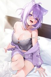 Rule 34 | 1girl, ahoge, animal ears, bare shoulders, black camisole, blush, breasts, camisole, cat ears, cat girl, cat tail, cleavage, collarbone, double strap slip, fangs, highres, hololive, indoors, jacket, large breasts, long sleeves, loose socks, medium hair, nekomata okayu, nekomata okayu (membership), official alternate costume, on bed, open clothes, open jacket, open mouth, partially unzipped, purple jacket, smile, socks, solo, tail, two side up, virtual youtuber, white socks, yuuyu (moco20111115)