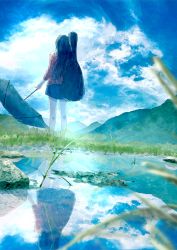 Rule 34 | 1girl, absurdres, after rain, from behind, grass, guitar case, highres, instrument case, kumagaya nono, mountain, reflection, reflective water, sky, standing, umbrella