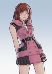 Rule 34 | 1girl, arms behind back, bare arms, belt, black dress, blue eyes, blush, breasts, buttons, cowboy shot, dress, grey background, hair between eyes, highres, hood, hood down, hooded dress, jewelry, kairi (kingdom hearts), kingdom hearts, kingdom hearts iii, looking at viewer, medium breasts, medium hair, necklace, noire (noirerururu), pink dress, plaid, pleated skirt, red hair, short dress, skirt, smile, solo, two-tone dress, upper body