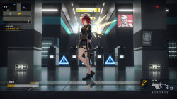 Rule 34 | 1girl, absurdres, ad, arknights, backlighting, bare legs, belt, black footwear, black gloves, black jacket, black shorts, detached wings, escalator, exusiai (arknights), fake screenshot, fly tutu, gloves, glowing, glowing wings, gun, halo, health bar, highres, holding, holding gun, holding weapon, holster, indoors, jacket, kfc, long sleeves, looking at viewer, map, orange eyes, poster (object), pouch, red hair, reflection, reflective floor, shoes, short hair, short shorts, shorts, sign, sneakers, solo, standing, thigh holster, thigh strap, train station, translation request, warning sign, weapon, wide shot, wings